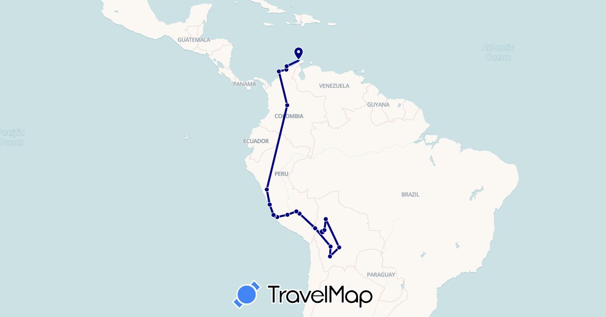 TravelMap itinerary: driving in Bolivia, Colombia, Peru (South America)